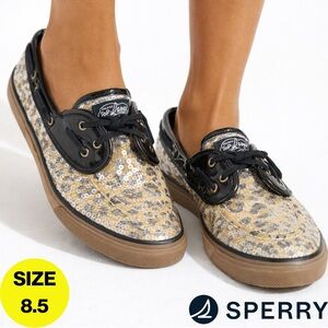 SPERRY 🐆 Leopard Print Sequins Boat Shoes, Black Patent Trim (Women’s 8.5)